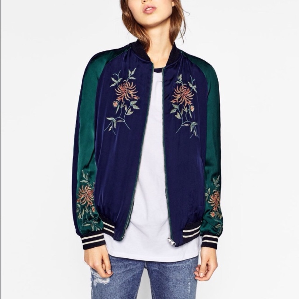 Zara Navy and Green Embroidered Bomber Jacket